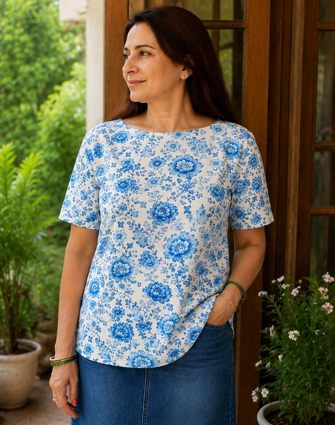 Blue Blossom Whisper Boat Neck Tee in GOTS-Certified Organic Cotton Main image