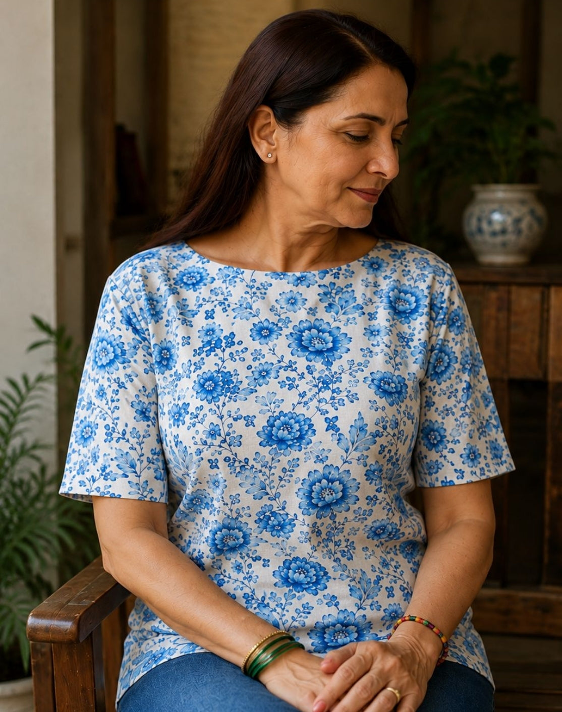 Blue Blossom Whisper Boat Neck Tee in GOTS-Certified Organic Cotton