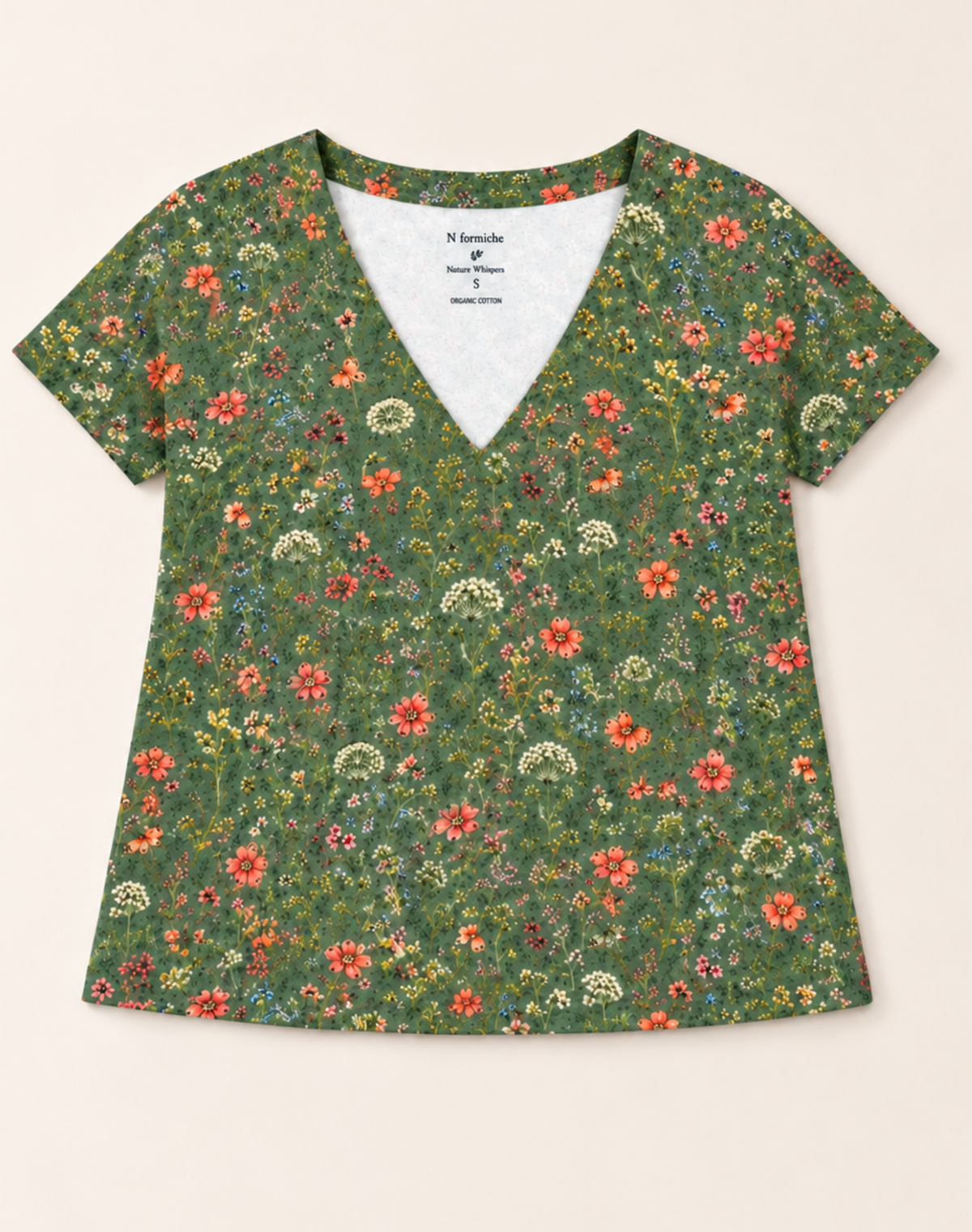 Meadow Dancers Sage V-Neck Tee in GOTS-Certified Organic Cotton