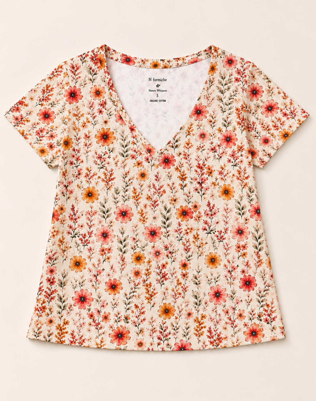 Blush Meadow Whisper V-Neck Tee in GOTS-Certified Organic Cotton
