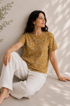 Golden Meadow Blossom Boat Neck Tee in GOTS-Certified Organic Cotton