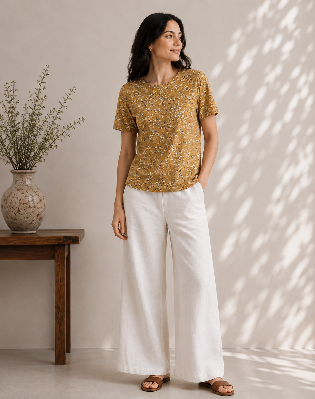 Golden Meadow Blossom Boat Neck Tee in GOTS-Certified Organic Cotton
