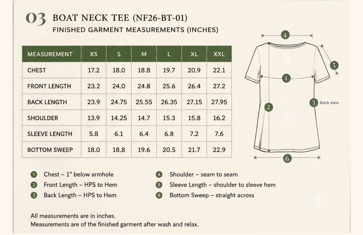 Blue Blossom Whisper Boat Neck Tee in GOTS-Certified Organic Cotton - Size & Fit Guide 2