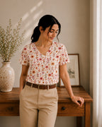 Blush Meadow Whisper V-Neck Tee in GOTS-Certified Organic Cotton