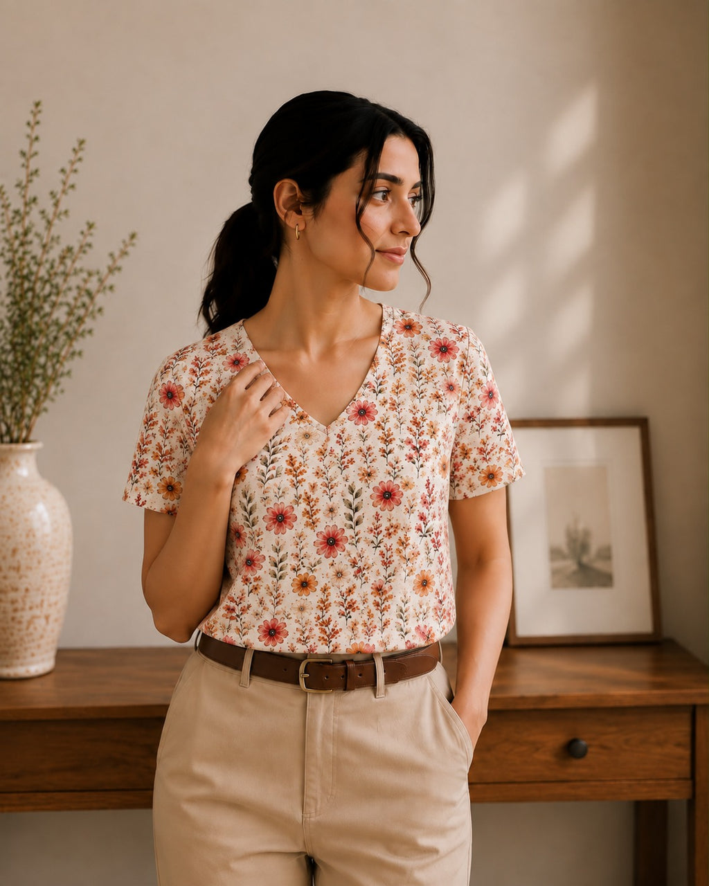 Blush Meadow Whisper V-Neck Tee in GOTS-Certified Organic Cotton