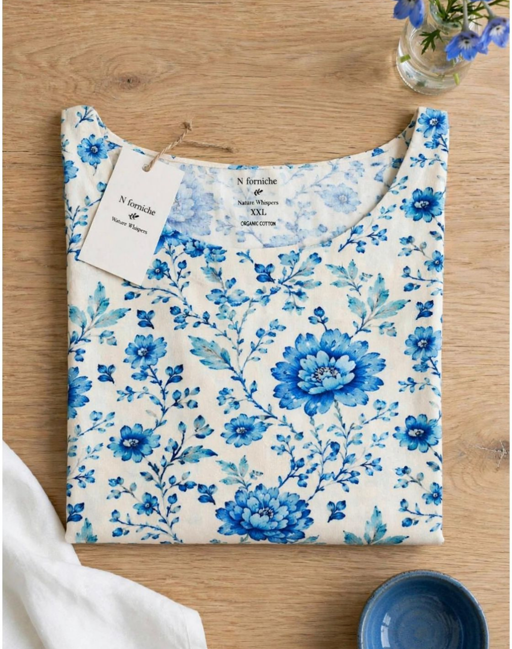 Blue Blossom Whisper Boat Neck Tee in GOTS-Certified Organic Cotton