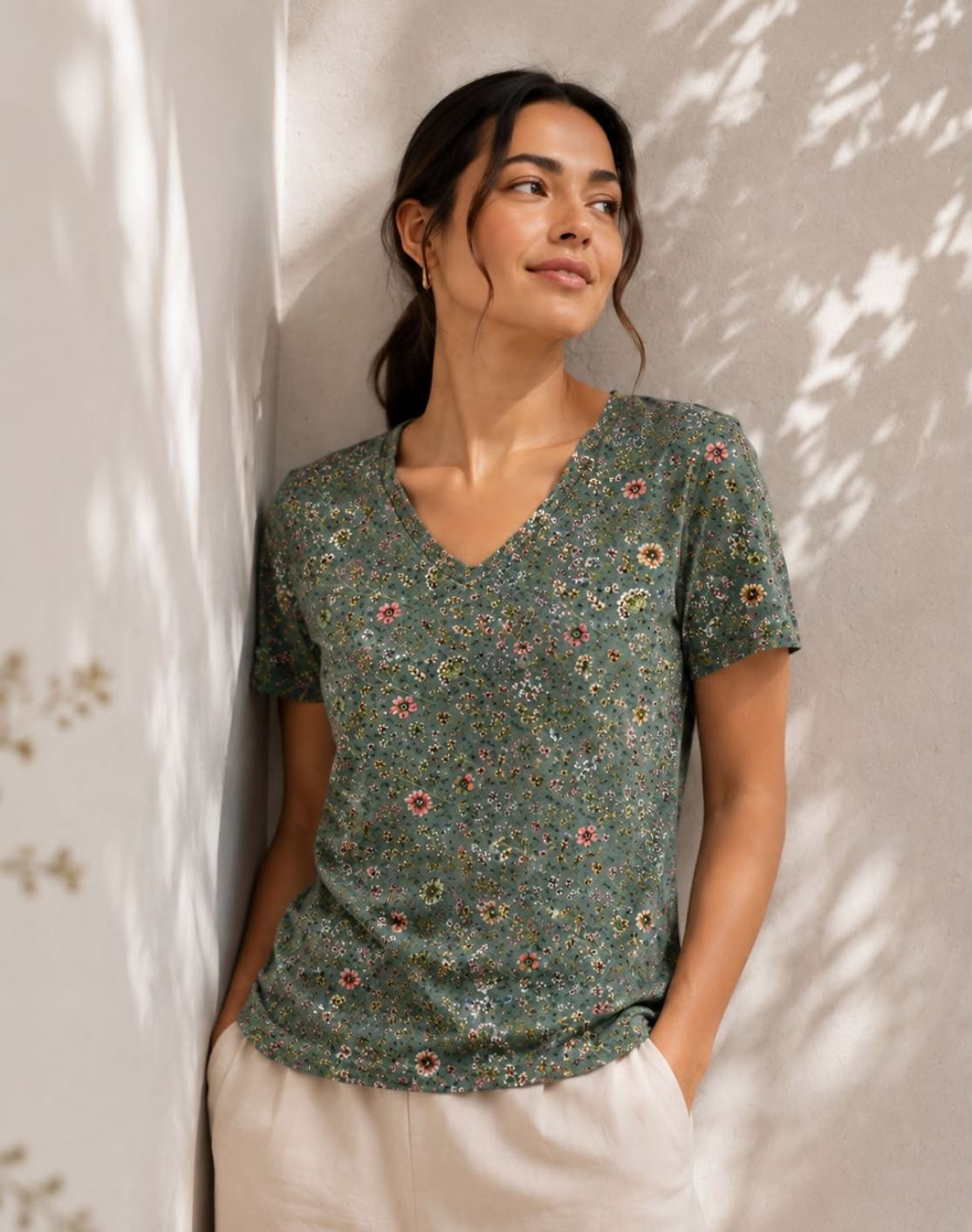 Meadow Dancers Sage V-Neck Tee in GOTS-Certified Organic Cotton Main image