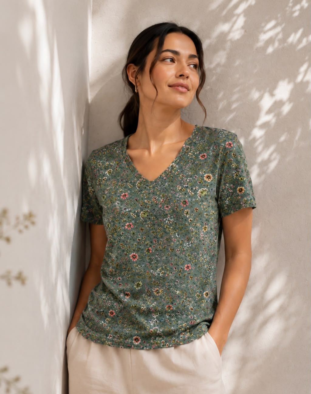 Meadow Dancers Sage V-Neck Tee in GOTS-Certified Organic Cotton