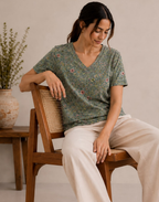 Meadow Dancers Sage V-Neck Tee in GOTS-Certified Organic Cotton