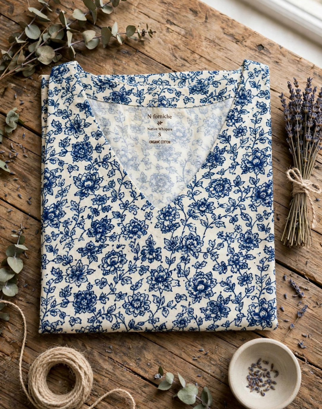 Meadow dancers indigo V-Neck Tee in GOTS-Certified Organic Cotton