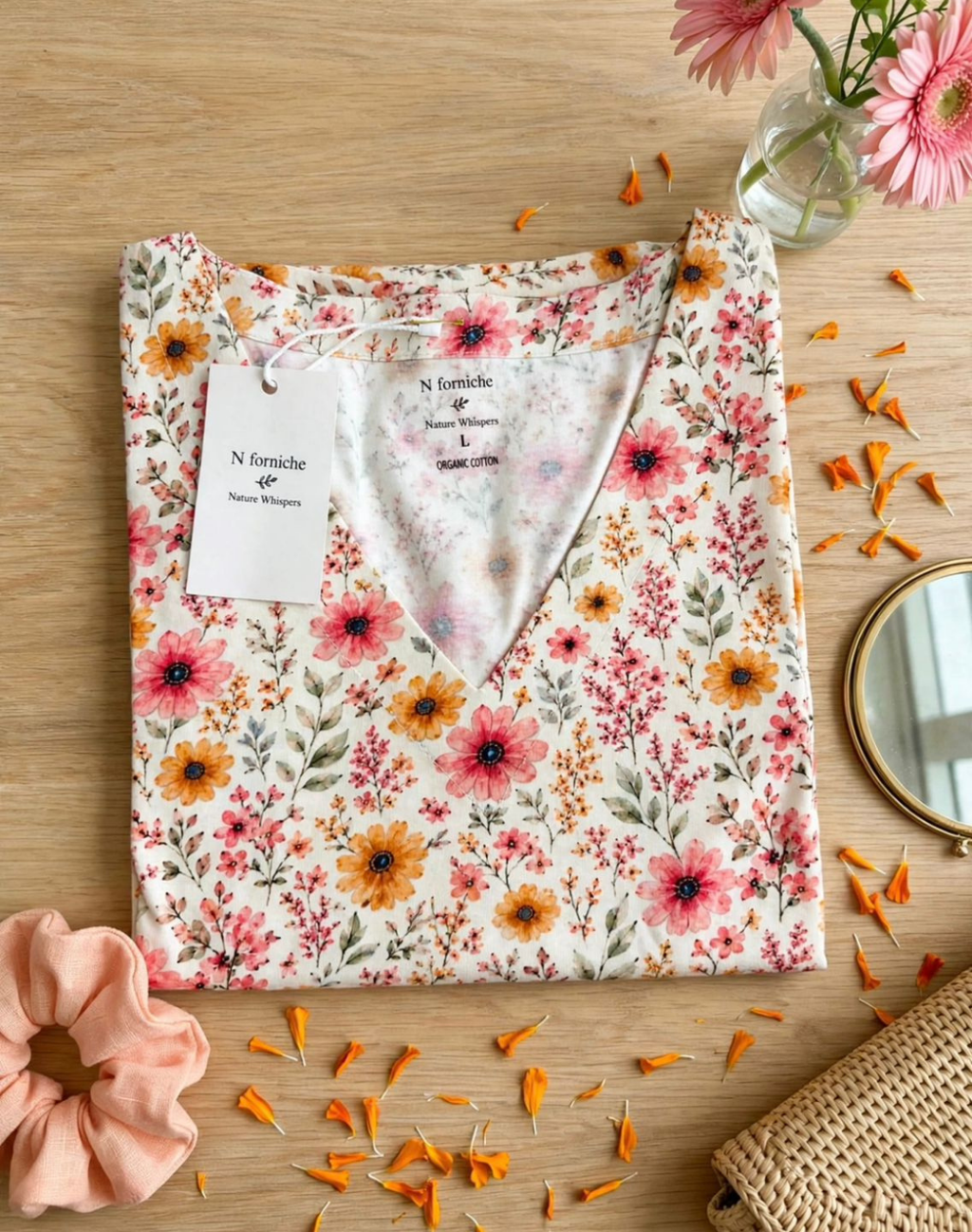 Blush Meadow Whisper V-Neck Tee in GOTS-Certified Organic Cotton